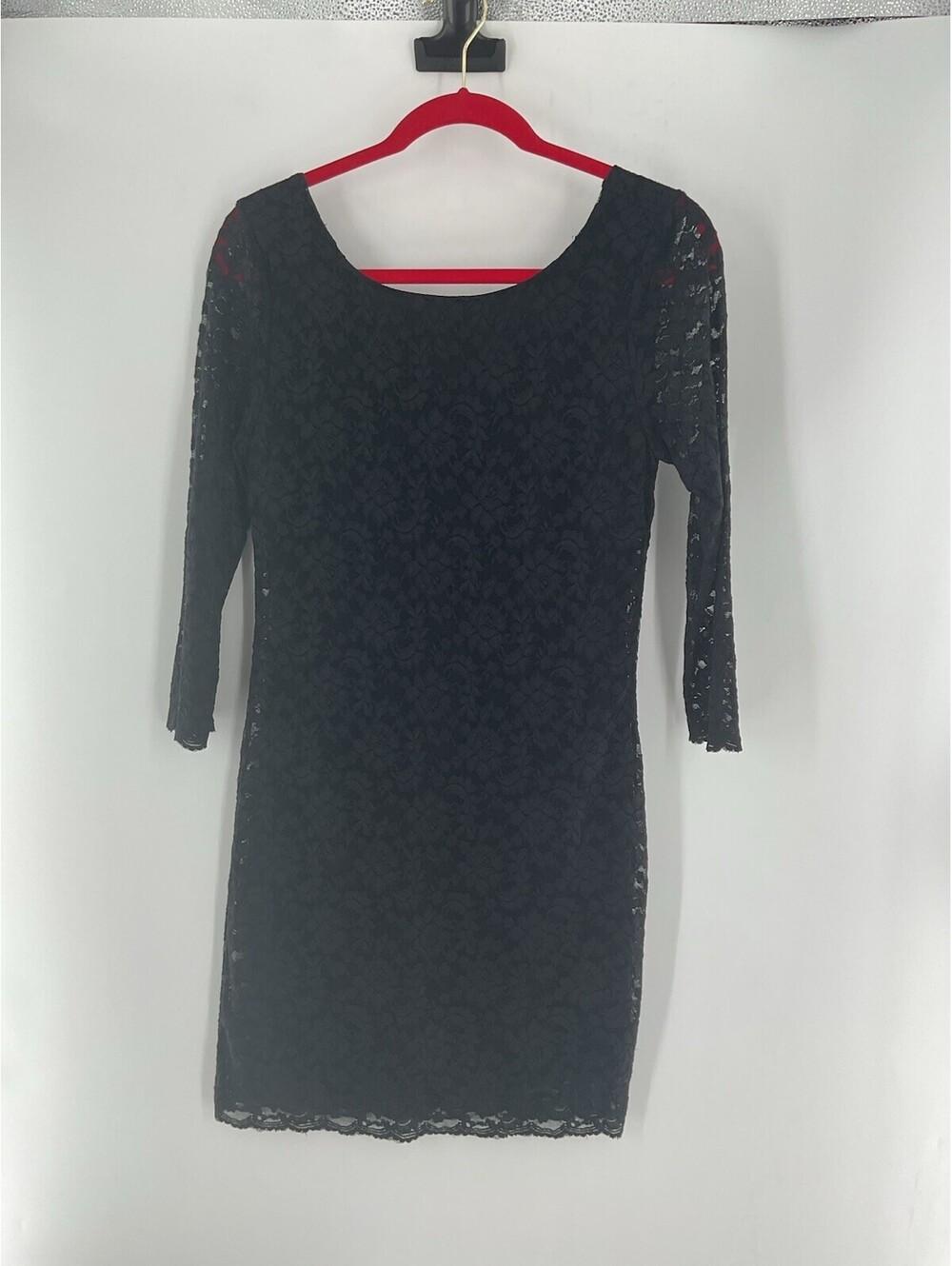 Forever 21 Women’s L Body Con Three-Quarter Sleeve Lace Overlay Black Dress 138